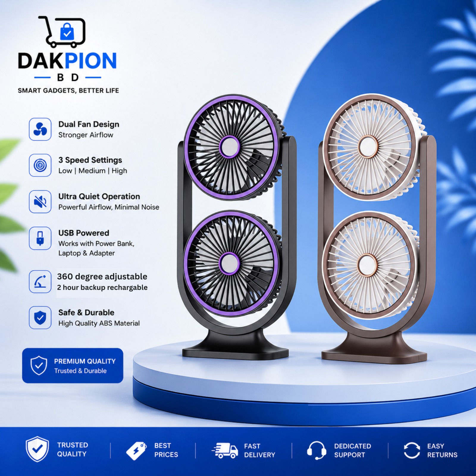 Fan Dual Fan Portable USB Rechargeable Fan with 3-Speed Settings & 360° Adjustable Design - Image 1